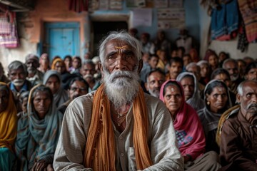 An elderly man with a long white beard sits among a large group of people in a room.