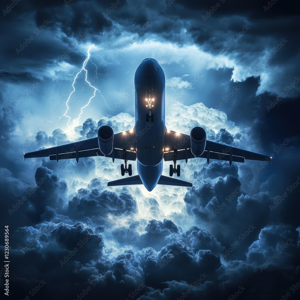 Poster Airplane navigating through turbulent stormy clouds during a nighttime flight. Generative AI