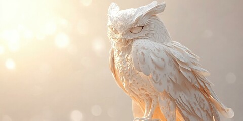 Elegant white owl sculpture with intricate details, suitable for art exhibitions, home decor, and wildlife-themed promotions.