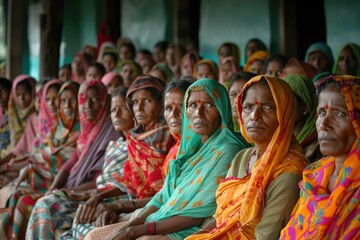 A group of women in colorful saris are seated together, possibly attending a meeting or gathering.