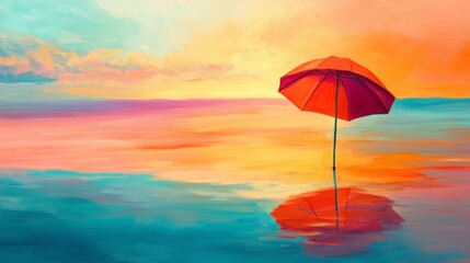 A red umbrella is sitting on the water. The umbrella is in the foreground and the water is in the background