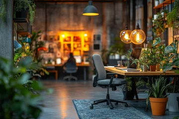 Modern office space with plants and warm lighting creates a cozy atmosphere for productivity and creativity