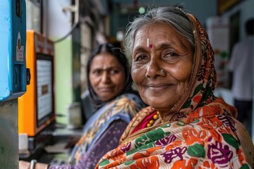 An elderly Indian woman, adorned in a vibrant headscarf, smiles gently beside a younger woman, near a payment kiosk.