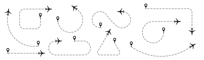 Dotted plane flight paths showing aircraft routes with dashed lines, tracking movement from start to destination PNG