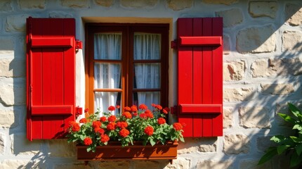 Colorful wooden window with bright red shutters and vibrant flowers