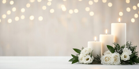 Background with a white box, white candle and a white rose with out of focus bokeh lights