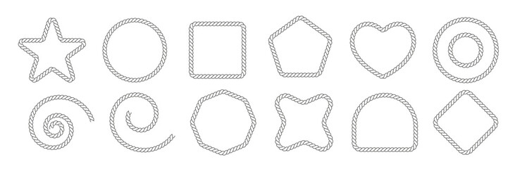 Rope borders frame. Square, star, rectangle, triangle, arc, flower, circle and oval isolated vector PNG