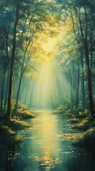 Naklejka premium A painting of a forest with a river running through it. The painting is full of life and color, with the sun shining through the trees and casting a warm glow on the water