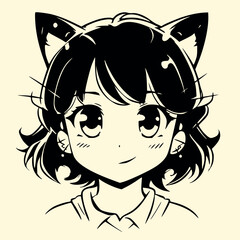 kawaii, anime, catgirl, neko, chibi, manga, view, minimalist, line art, black and white, cute, adorable, feline, anime girl, manga girl, neko girl, stylized, high contrast, japanese style, simple draw