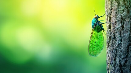   A green insect perched on a tree trunk against a fuzzy green and yellow backdrop