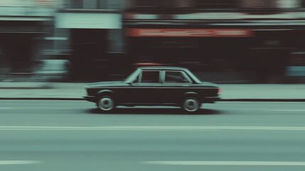 Obraz premium Motion blurred photo of a vintage car driving on a city street.