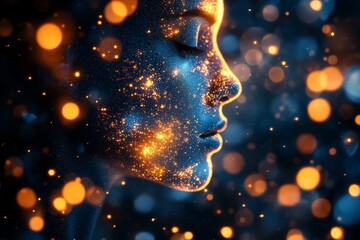 Close-up of a woman's face illuminated by soft glowing particles against a dark background