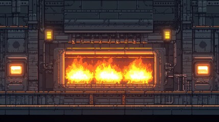 Futuristic Industrial Fireplace with Burning Flames