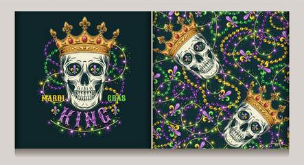 Mardi Gras King label, seamless pattern with human skull in golden crown, intertwined strings of beads, lights sparkles garland, fleur de lis symbol, text. Carnival decoration. © OA_Creation