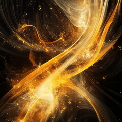 Fototapeta premium Vibrant abstract design featuring swirling golden light patterns on a dark background, evoking a sense of energy and motion.