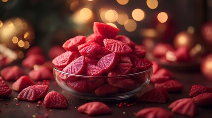 A bowl of red fruit is on a table