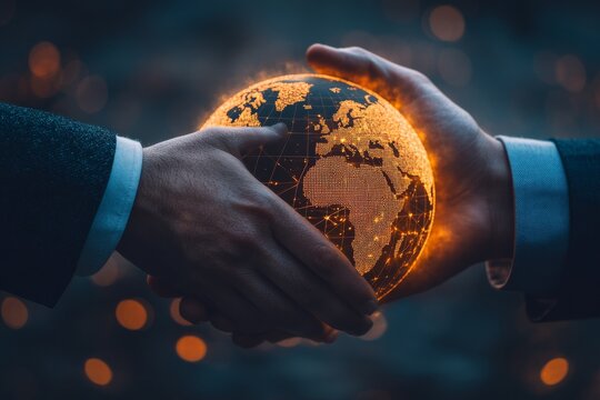 Hands exchanging a glowing digital globe symbolizing global connectivity and cooperation in a modern setting