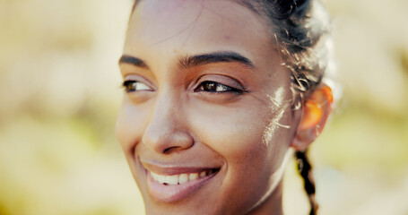Happy woman, face or thinking in nature for fitness, peace or relax on exercise break. Girl, rest or outdoor with daydreaming for future, planning wellness or mindfulness reflection for mental health