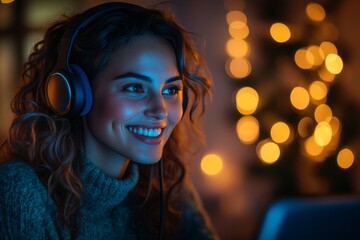Young woman smiles brightly while listening to music with headphones at night in a cozy room with warm lights