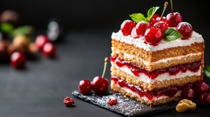 Tempting Layered Cake with Cream, Cherry, and Mint Garnish on Black Surface