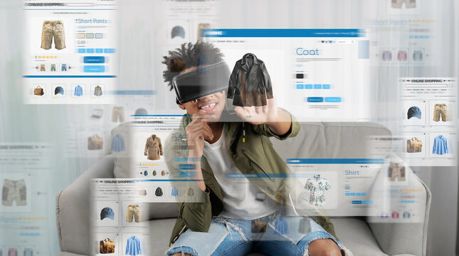 Happy african man wearing VR headset while sitting and shopping at living room. Attractive person using artificial intelligence and augmented reality technology to connect online market. Ingenuity.