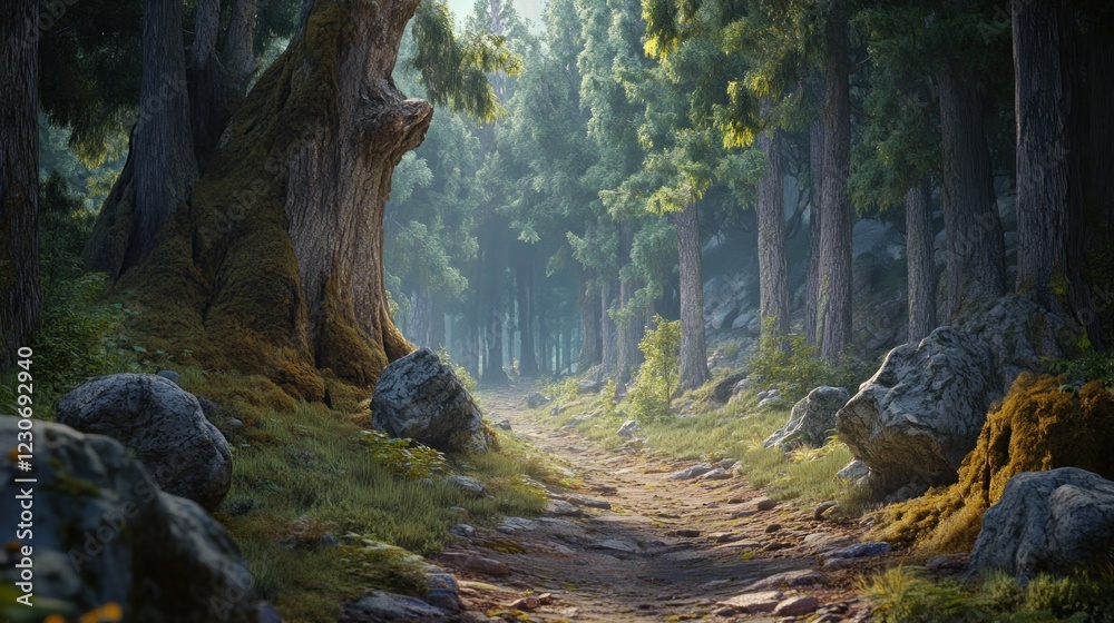 Poster Misty Forest Path Winding Through Ancient Trees