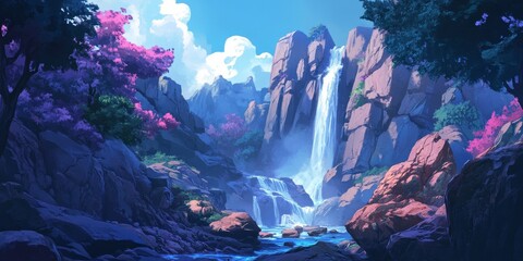 Majestic Waterfall in a Lush Mountain Valley