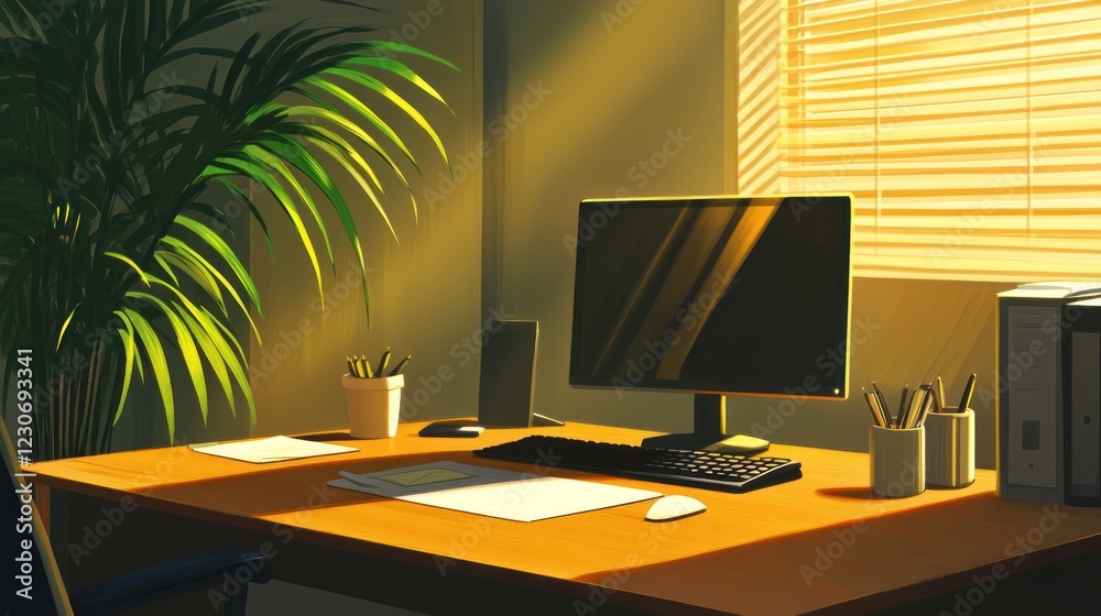 Poster sunlit office workspace with plant and computer