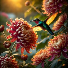 Autumn Chrysanthemum Close-up with Hummingbird - A detailed portrait of a chrysanthemum with rich autumn colors and intricate seed pattern detail.