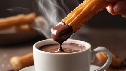 Churro dipped in warm chocolate served in a cozy cafe setting