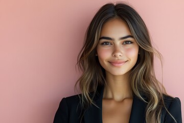 Fototapeta premium Young woman smiles confidently against a pastel pink wall during daytime in a modern urban setting