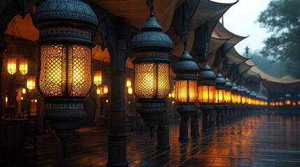 Ornate Metal Lanterns Glowing in the Rain at Night