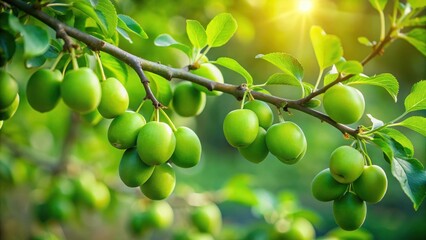 Green plums ripening on a tree branch suspended in mid-air against a soft focus landscape of foliage and sky , nature background, summer harvest