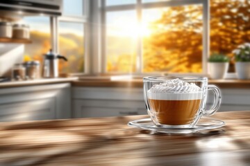 Morning sunlight illuminating coffee cup on wooden counter