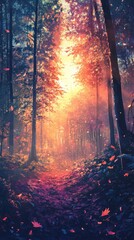Fototapeta premium Autumn Forest Pathway - Magical Sunlight