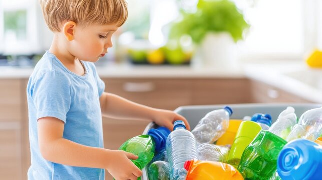 Child actively participates in recycling by placing plastic bottles into a bin, promoting eco-conscious habits in a warm home setting filled with natural light