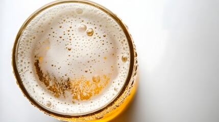 Close-up view of a glass of beer with a thick head of foam.