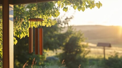 Wooden wind chime hanging outdoors at sunset