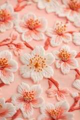 Delicate hand-embroidered blossoms on a peach-toned fabric.
