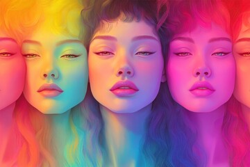 Obraz premium Colorful artistic representation of a woman’s face showing different emotional expressions and hair colors in a vibrant style