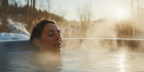 Fototapeta premium Woman soaking in steamy hot tub outside on snowy winter day