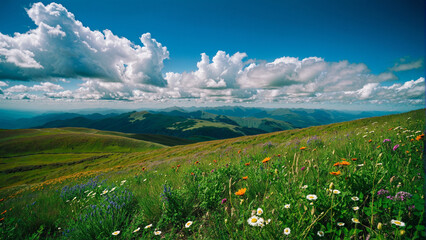 Fototapeta premium Beautiful scenery of mountains, blue sky, flowers and vibrant colors