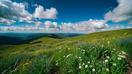 Obraz premium Beautiful scenery of mountains, blue sky, flowers and vibrant colors