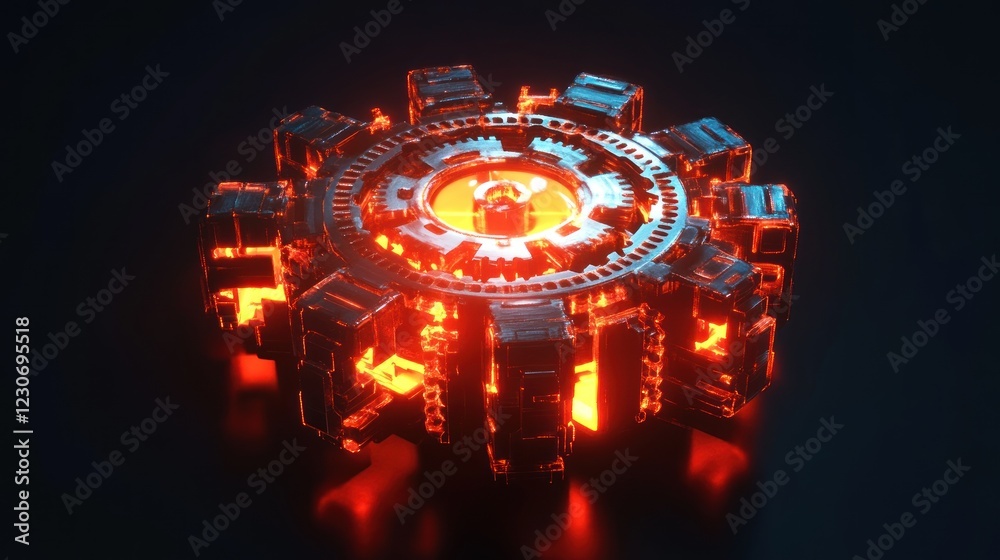 Poster glowing futuristic gear mechanism rotating system