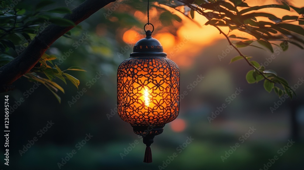 Poster illuminated lantern hanging from tree branch at sunset