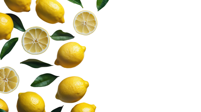 Fresh Lemons and Green Leaves on the Left Side – Transparent Background