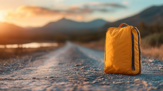 A bright yellow backpack is prominently displayed on a sunlit dusty road, enhancing the adventure and exploration theme synonymous with travel and outdoor activities.