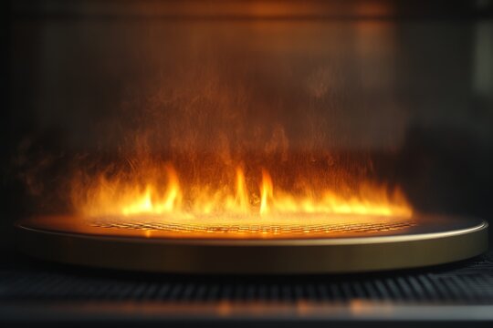 Flames dance on a grill surface in a kitchen during a culinary preparation session