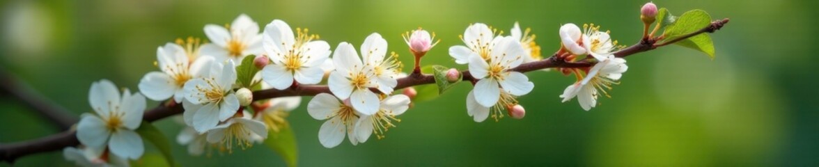 Fototapeta premium White flowers adorn blackberry branch in full bloom, blossom, nature, botanical