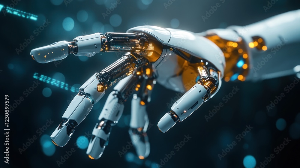 Poster Advanced robotic hand reaching out in futuristic setting